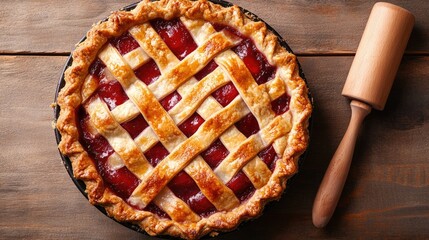 Lattice pie with berry filling and rolling pin on rustic wooden table viewed from above