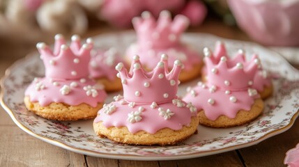 Delicious pink crown-shaped cookies adorned with white pearls on a decorative plate, perfect for celebrations and royal-themed events