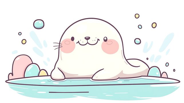A fluffy seal lounging with a happy expression on a pastel-colored ice floe, surrounded by soft pastel highlights, white background, kawaii aesthetic, minimalistic hand-drawn style, hd rendering,