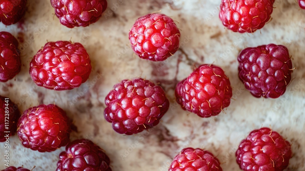 Poster overhead view of vibrant fresh red raspberries beautifully arranged on a textured countertop showcas