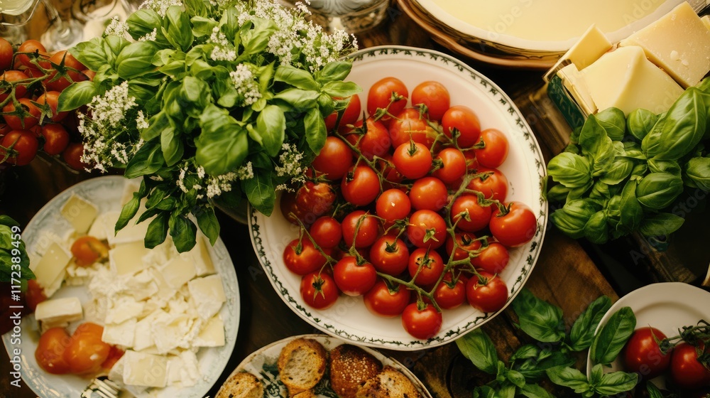 Poster overhead view of fresh tomatoes cheese and basil arranged on wooden table creating a vibrant culinar