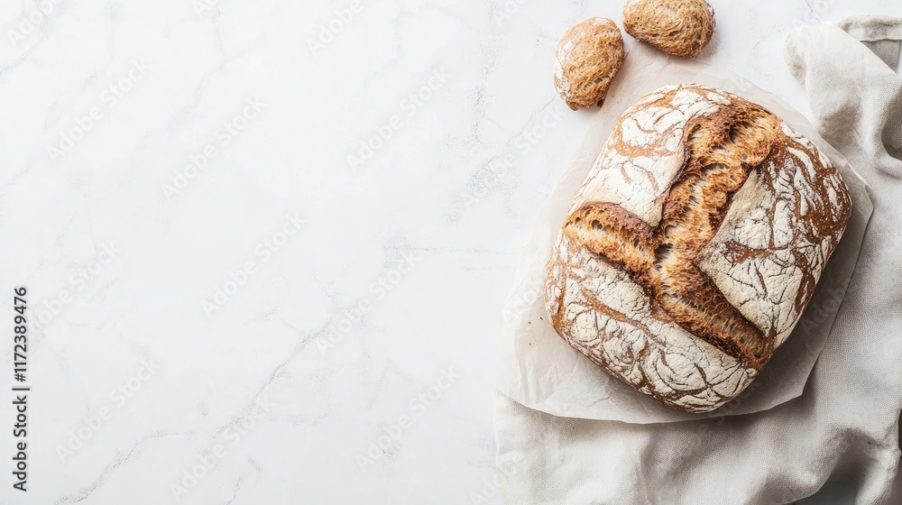 Poster artisan bread loaf with rustic crust on marble background accompanied by wheat rolls and linen cloth