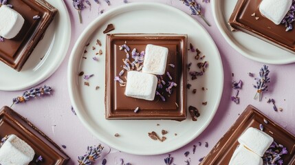 Overhead view of chocolate bars topped with marshmallows and lavender on pastel background for dessert and gourmet food themes