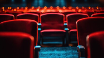 Obraz premium Empty Theater Seats with Warm Lights in Background Providing an Inviting Atmosphere for Upcoming Events and Experiences