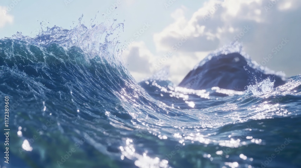 Aufkleber dynamic ocean waves glistening under sunlight with a serene backdrop of clouds and distant hills in 