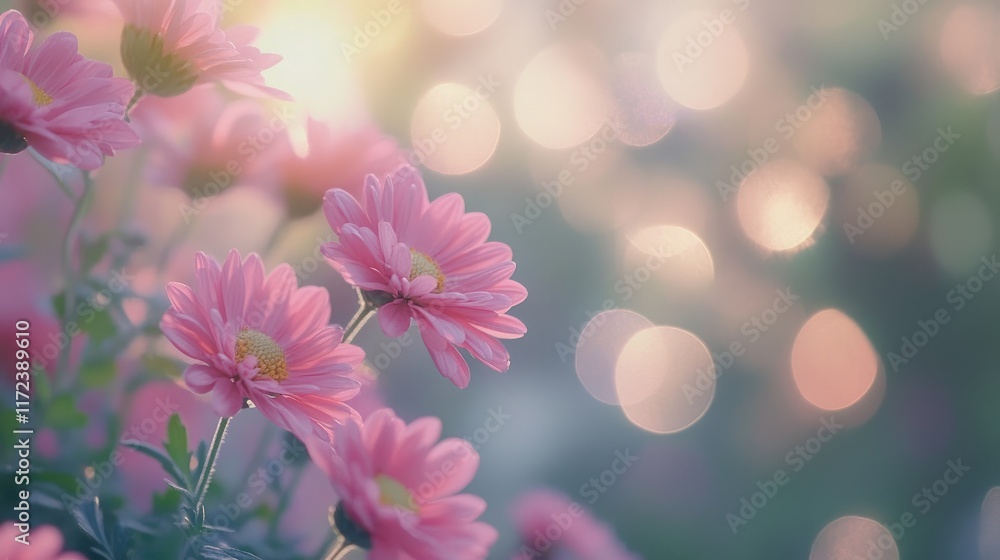 Poster pink chrysanthemums in soft focus with delicate bokeh background creating a dreamy floral atmosphere