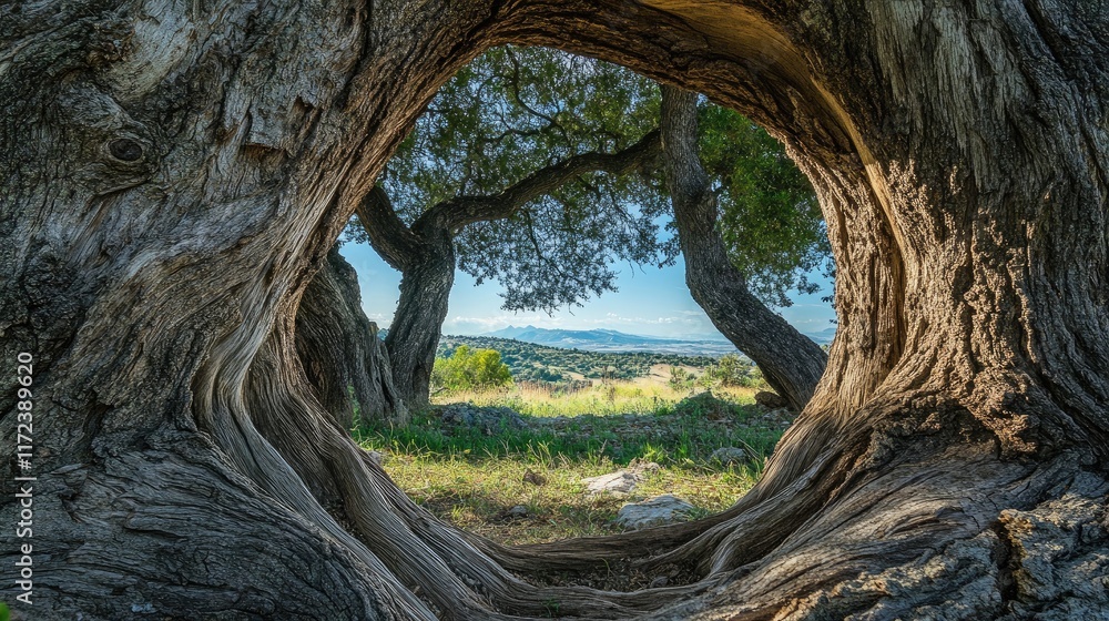 Poster tree trunks create a natural frame showcasing a serene landscape filled with distant hills and blue 