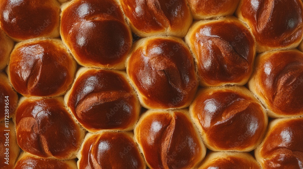 Poster overhead view of golden brown homemade brioche bread rolls arranged in a neat pattern showcasing the