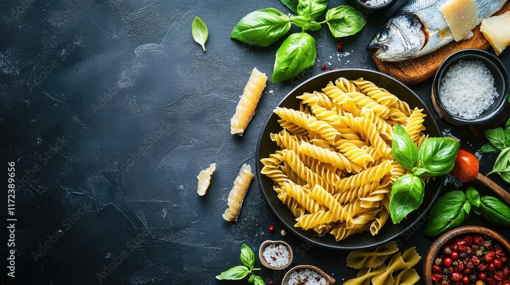 Poster overhead view of spiral pasta with fresh basil leaves and smoked fish on a dark textured surface wit