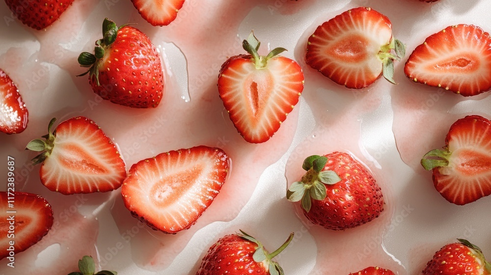 Poster overhead view of fresh strawberries arranged on a light surface showcasing vibrant colors and textur