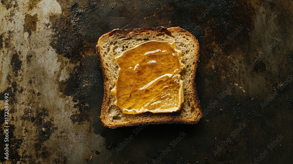 Aufkleber overhead perspective of golden honey spread on a slice of toasted bread against a rustic background 