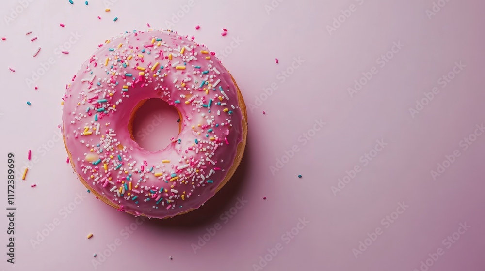 Aufkleber pink frosted donut with colorful sprinkles on a soft pastel background showcasing dessert indulgence