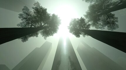 Fototapeta premium Ethereal Forest and Skyscraper Contrast Under Mystic Light