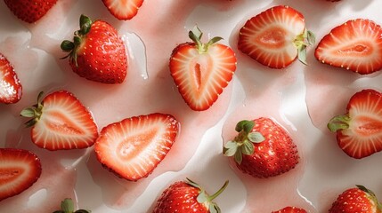 Overhead view of fresh strawberries arranged on a light surface showcasing vibrant colors and textures for culinary use