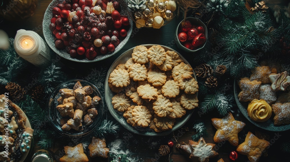 Poster festive overhead arrangement of assorted cookies, biscuits, and holiday ornaments on a dark table se