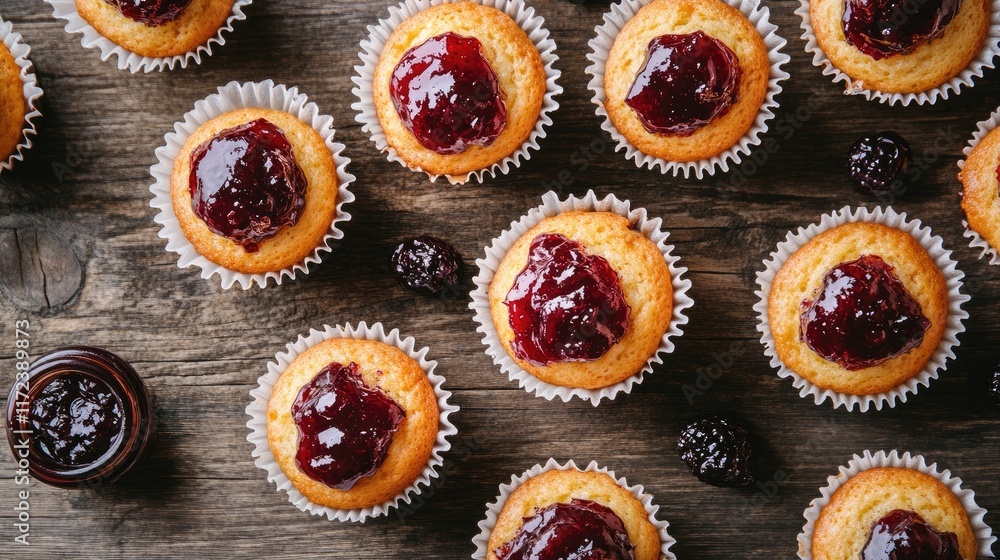 Poster overhead view of freshly baked muffins topped with jam on a rustic wooden surface with dark berries 
