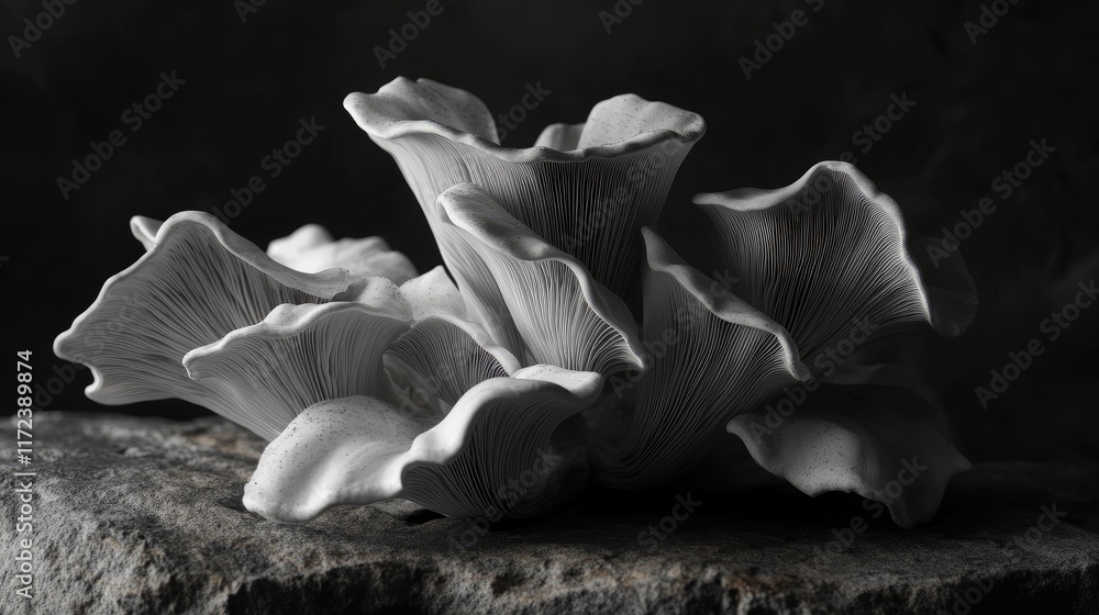 Poster oyster mushrooms elegantly arranged in monochromatic tones with natural lighting showcasing intricat