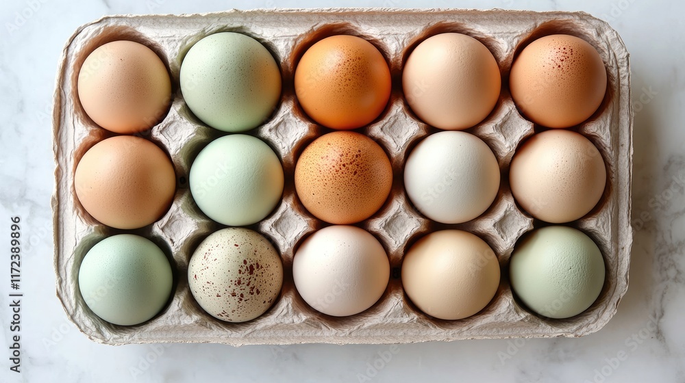 Poster Colorful assortment of fresh eggs arranged in a paper carton displayed from an overhead perspective on a marble background