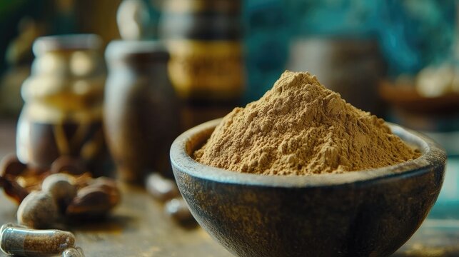 Triphala churan Ayurvedic powder in wooden bowl used for digestive health and wellness with traditional herbal elements in background.