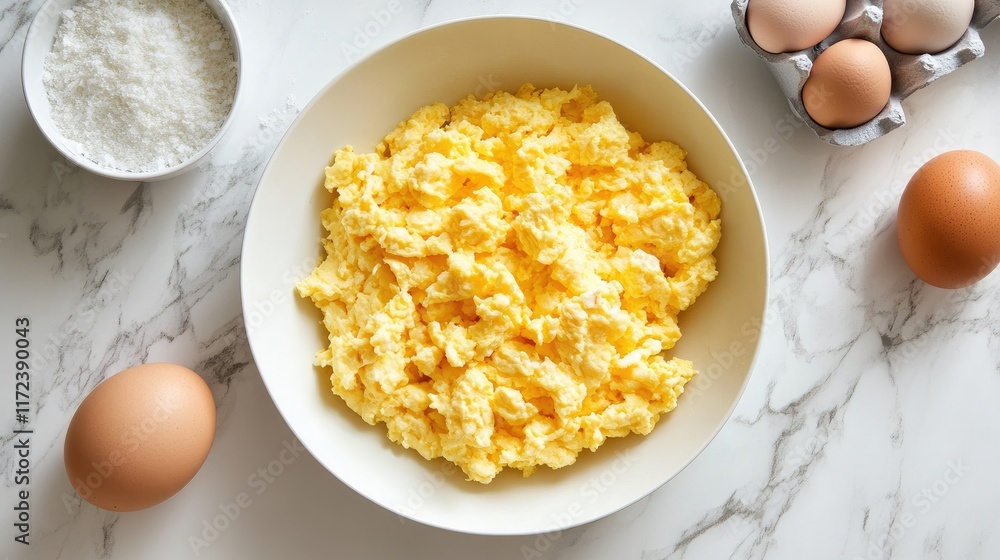 Aufkleber overhead view of scrambled egg preparation with eggs and ingredients on a marble surface