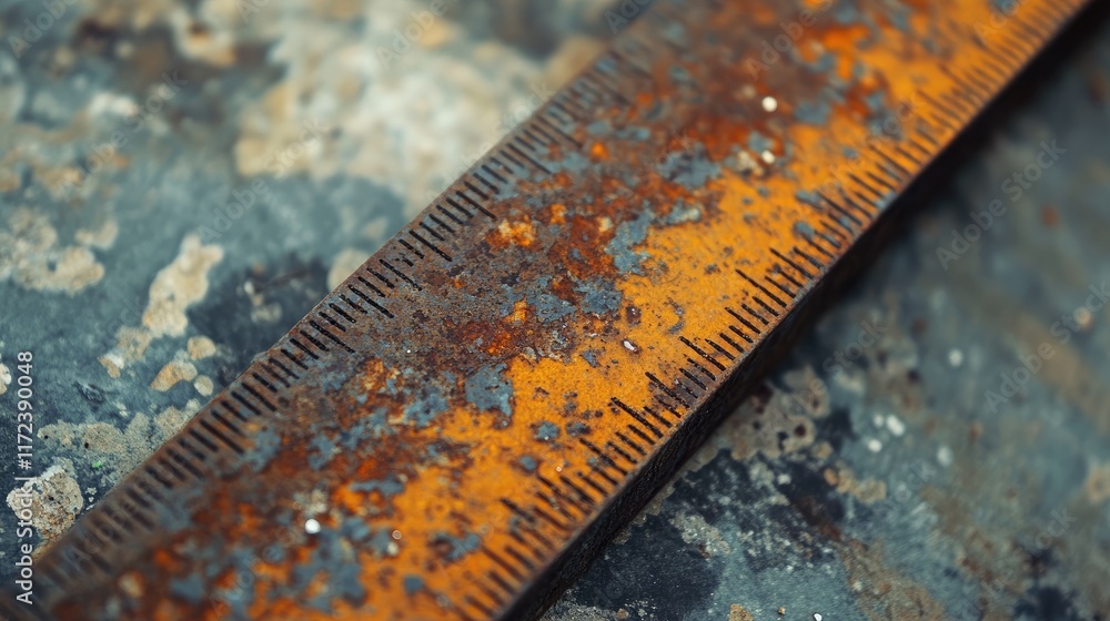 Poster closeup of oxidized rusty metal ruler highlighting textures and colors against a worn background sho
