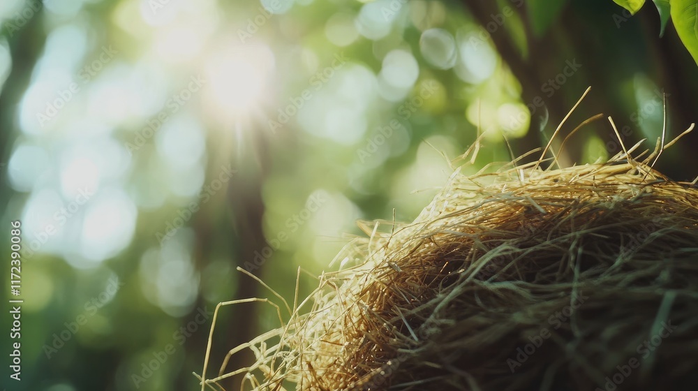 Poster weaver bird nest made of hay on branches with soft forest background and sunlight filtering through 