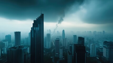 Dark Urban Skyline Under Dramatic Clouds and Smoke Plume