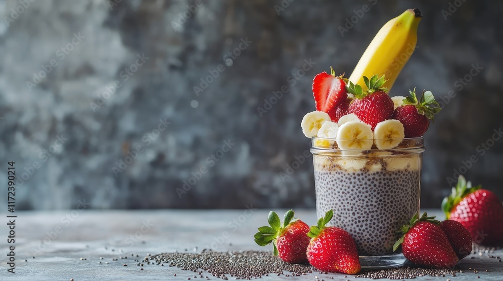 Poster overnight chia pudding with strawberries and banana in jar on rustic background healthy breakfast or
