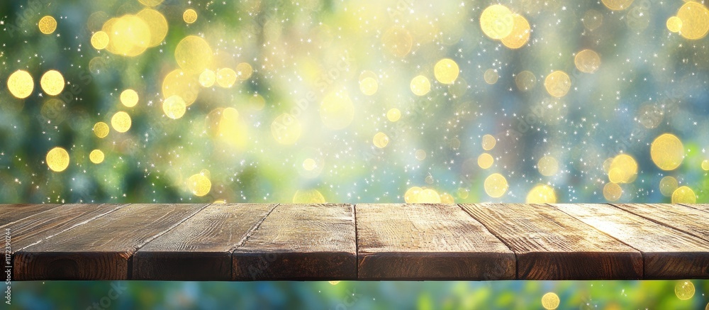 Poster wooden tabletop with bokeh lights creating a soft background ideal for product display photography o
