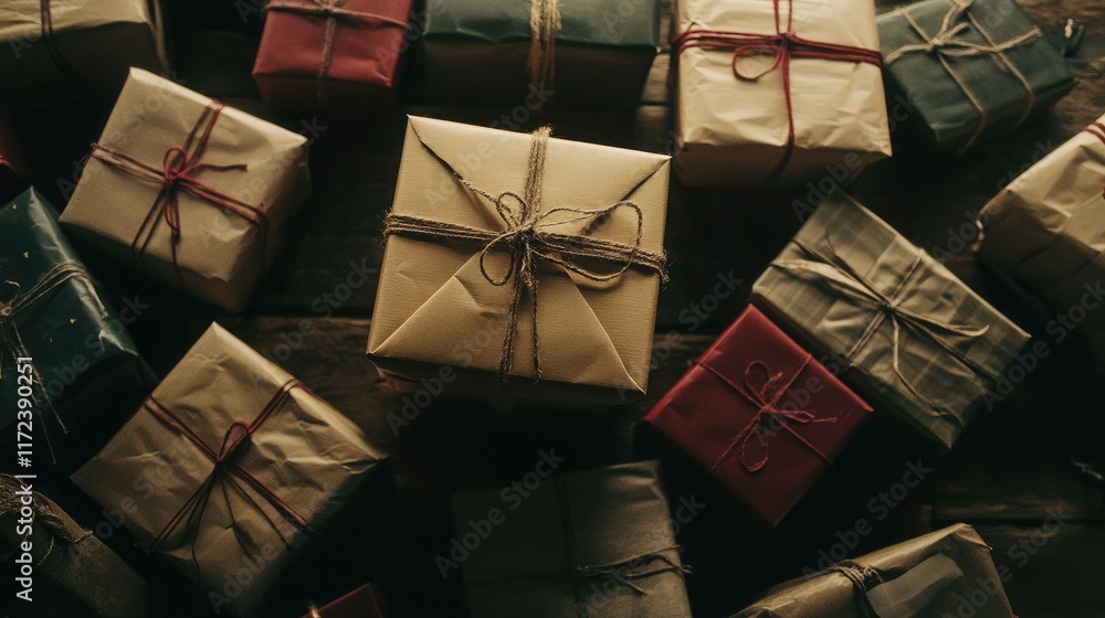 Poster Overhead view of assorted gift boxes wrapped in colorful paper and twine on a rustic wooden surface
