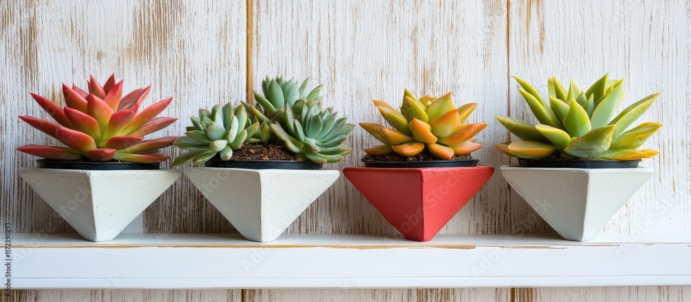 Aufkleber modern triangular planters with vibrant succulents arranged on a white wooden shelf creating a styli