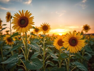 An expansive sunflower field stretches under a sunset sky, capturing the essence of summer's warmth and natural beauty.