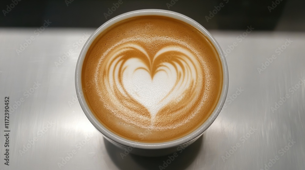 Poster overhead view of a beautifully crafted latte art featuring a heart motif in steamed milk on a metall