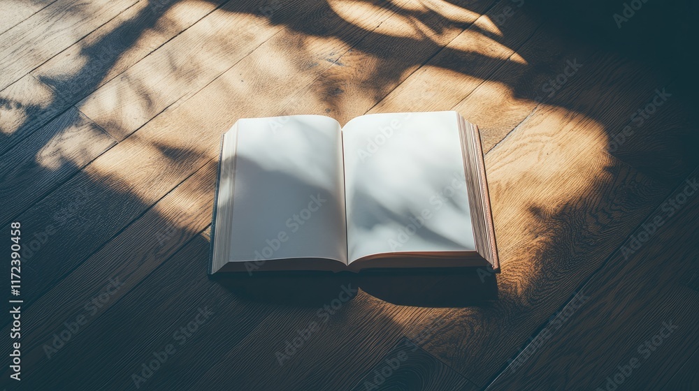 Poster open blank book on wooden floor with soft shadows creating a tranquil reading environment for contem