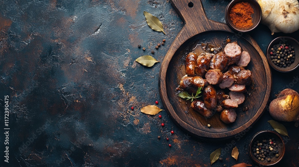 Poster Overhead view of sliced boiled sausage with spices on a rustic wooden board and dark textured background