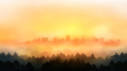 Fototapeta premium Sunrise Over Foggy City Skyline with Forest Silhouette Background