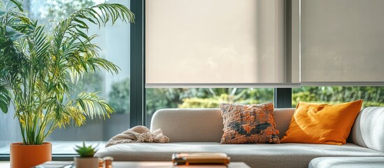 Elegant roller blinds in a modern living room with a cozy sofa and vibrant houseplant showcasing smart motorized curtain convenience