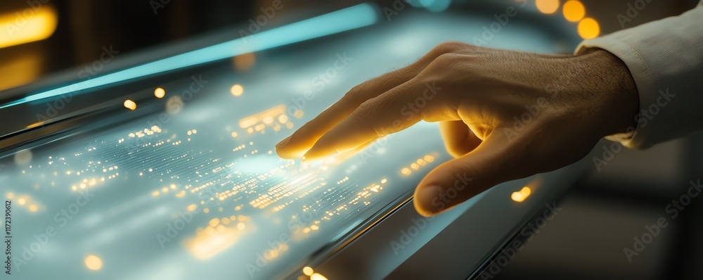 Poster closeup of a persons hand pointing at a digital interface, focusing on the interaction between human
