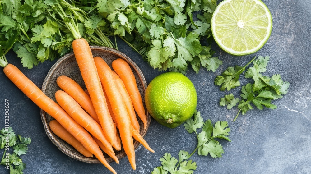 Poster fresh vegetables with lime cilantro and carrots arranged on a textured surface for healthy cooking a