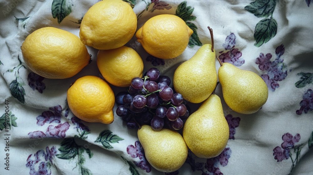 Aufkleber fresh fruits composition featuring lemons pears and grapes on a vintage floral tablecloth in an over