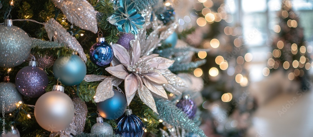 Aufkleber christmas tree close up with sparkling ornaments and twinkling lights creating a festive atmosphere 