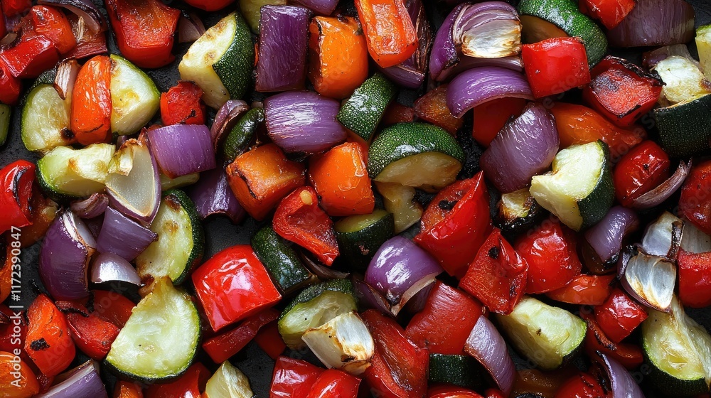 Poster colorful overhead view of assorted roasted vegetables including zucchini, bell peppers, and onions i