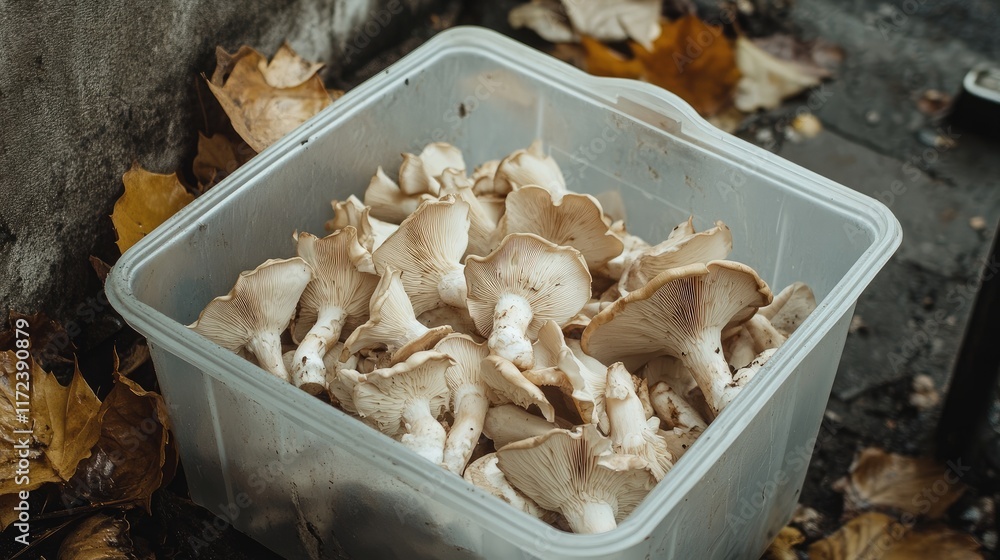 Aufkleber freshly harvested oyster mushrooms displayed in a clear plastic container amidst autumn leaves on a 