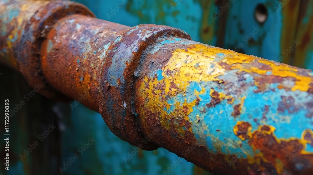 Poster rusty oxidized pipe branch with vibrant blue and orange colors in a factory setting closeup shot hig