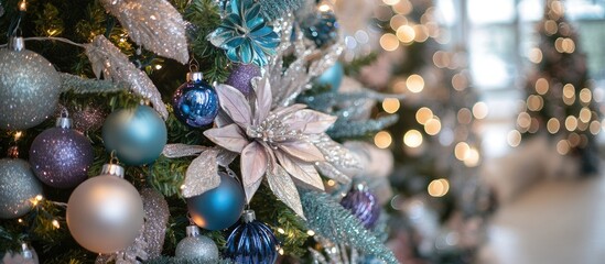 Christmas tree close up with sparkling ornaments and twinkling lights creating a festive atmosphere ideal for holiday celebrations