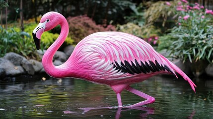 Flamingo gracefully walking in serene pond surrounded by lush greenery and colorful flowers in a tranquil garden setting