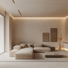 Contemporary minimalist living space with cream walls, a comfortable light-colored couch, warm ceiling lights, and minimalist decor accents
