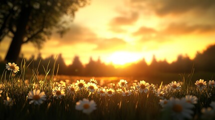 Serene Sunrise Over Daisy Field with Soft Golden Glow