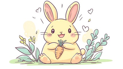 A happy bunny with a pastel carrot in its paws, surrounded by soft pastel highlights, minimalist white background, hand-drawn line art, kawaii aesthetic, hd rendering, smooth and inviting textures.