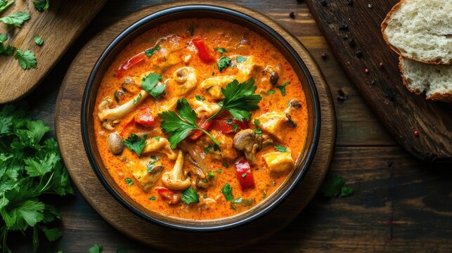 Colorful mushroom and vegetable curry in a bowl garnished with fresh herbs served with bread on a rustic wooden table